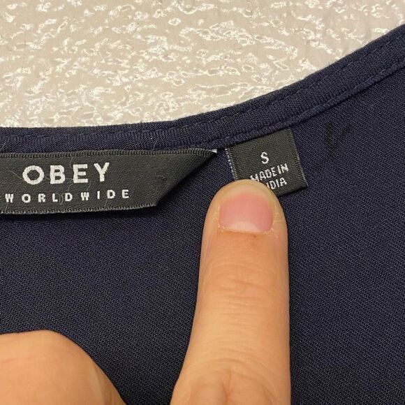 Obey navy blue front tie V-neck summer dress feather fern 100% viscose small - Picture 11 of 12
